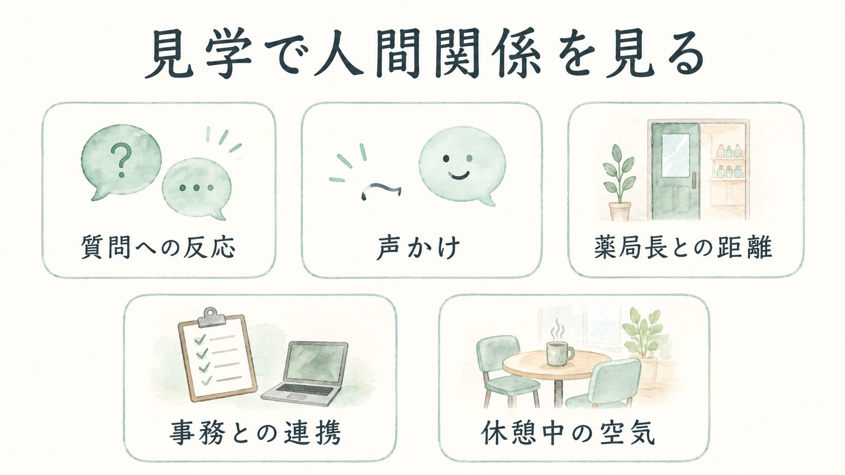 見学で人間関係を見るについて整理した薬剤師向け図解