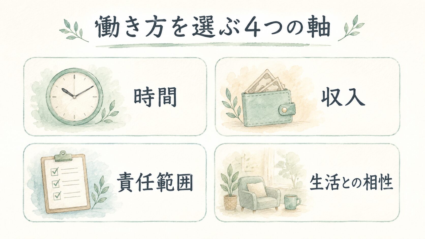 働き方を選ぶ4つの軸について整理した薬剤師向け図解