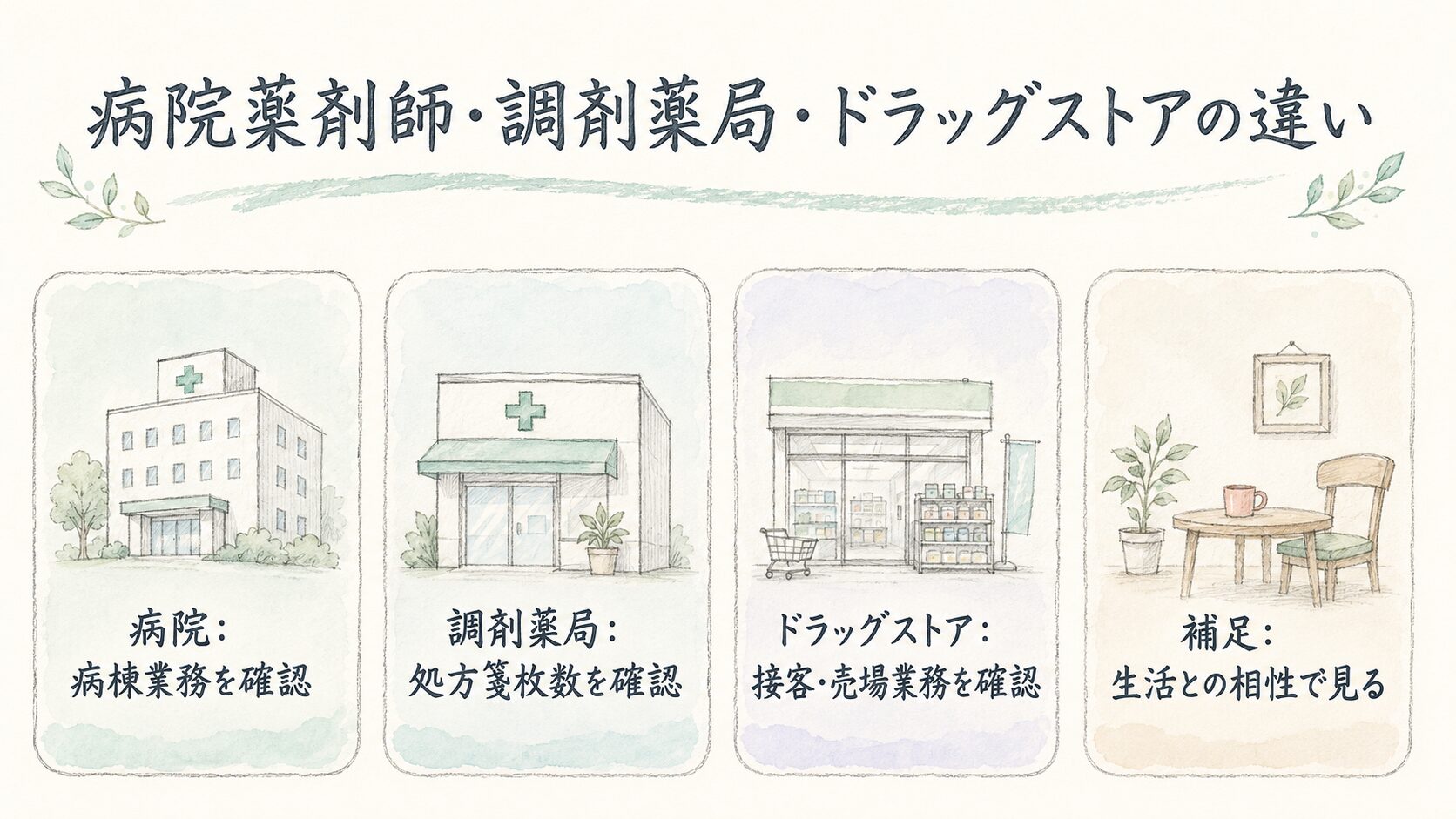 病院薬剤師・調剤薬局・ドラッグストアの違いについて整理した薬剤師向け図解